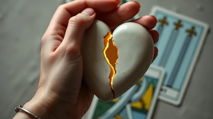 Символическое изображение исцеления после измены: руки женщины держат треснувшее керамическое сердце, из трещины исходит золотой свет (кинуцуги). На заднем плане — карта Таро «Три Мечей».