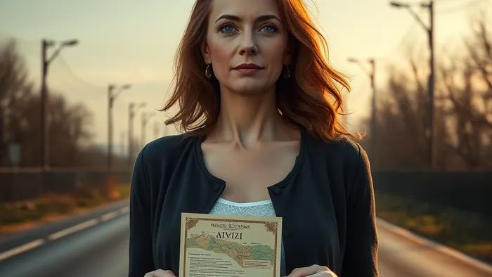 Женщина на перепутье с зеркалом, отражающим карту Таро Сила, символизирующая выбор между прошлым и внутренней силой.