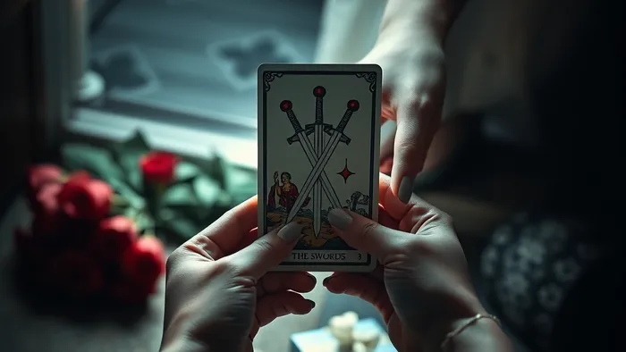 Символичное изображение: руки женщины держат карту Таро «Двойка Мечей», рядом лежит повязка. На заднем плане — размытые букет и подарок на пороге. Магическая атмосфера выбора.