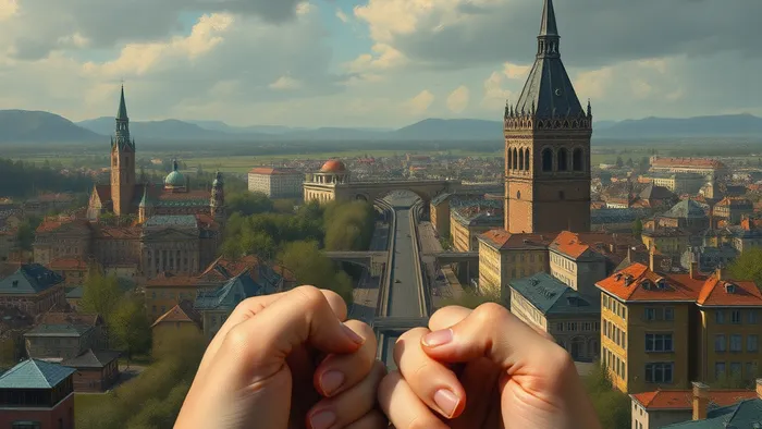 Символическое изображение дилеммы воссоединения: руки через разлом, карты Таро 2 Кубков, Колесо Фортуны и Отшельник, символизирующие союз, судьбу и размышления.