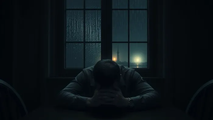 Мужчина в состоянии отчаяния за столом, перед ним лежит карта Таро, символизирующая боль и кризис, но в окне виден distant свет надежды.