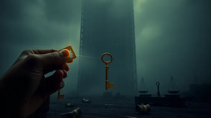 Символическое изображение риска: ключ на фоне недостроенного дома и карты Таро (Дурак, Дьявол, Правосудие), разбросанные деньги.