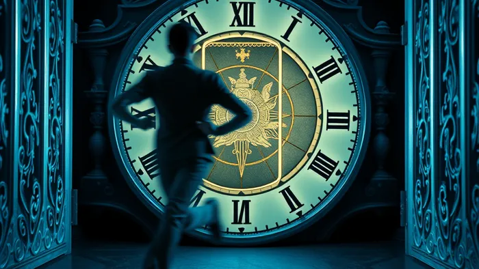 Символическое изображение сна об опоздании: фигура спешит к закрывающимся дверям-часам, циферблат которых заменяет карта Таро. Мистическая атмосфера.