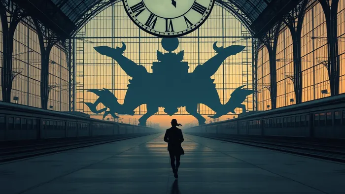 Сюрреалистичное изображение человека, бегущего по пустому вокзалу в сумерках. Размытые стрелки часов и тени в форме карт Таро создают атмосферу тревожного сна. Иллюстрация к статье о толковании снов об опоздании с помощью карт Таро.