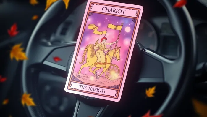 Символическое изображение: руль автомобиля, на который проецируется светящаяся карта Таро Колесница, вокруг разбросаны осенние листья. Концепция выбора и внутреннего пути.
