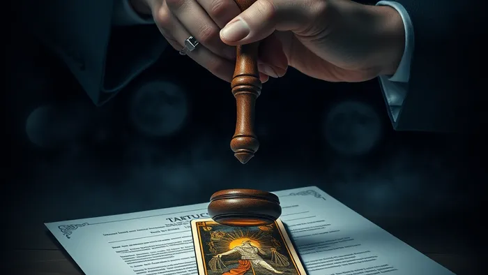 Символическое изображение выбора между судебным иском и эзотерическим анализом: рука с судейским молотком указывает на карту Таро 'Правосудие', лежащую на договоре.