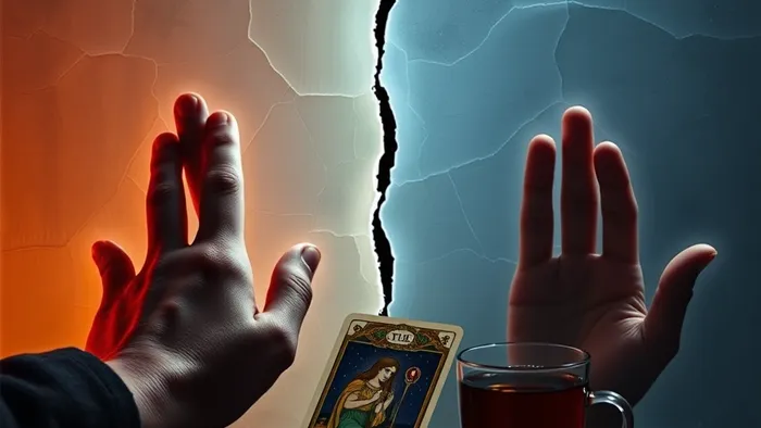 Символическое изображение разобщённости в паре: руки двух людей разделяет треснувшая стена в виде карты Таро. На столе лежит карта Отшельник.