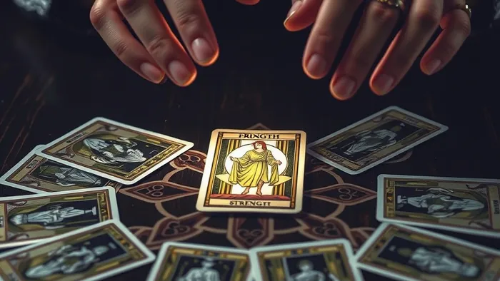 Руки таролога над разложенным раскладом Кельтский крест на деревянном столе. Крупный план карт Таро.