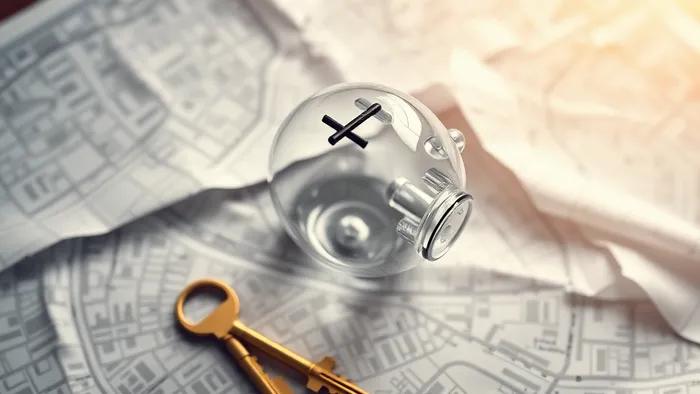 Символичное фото: копилка на карте города и ключ — метафора накопления на инвестиционную недвижимость.