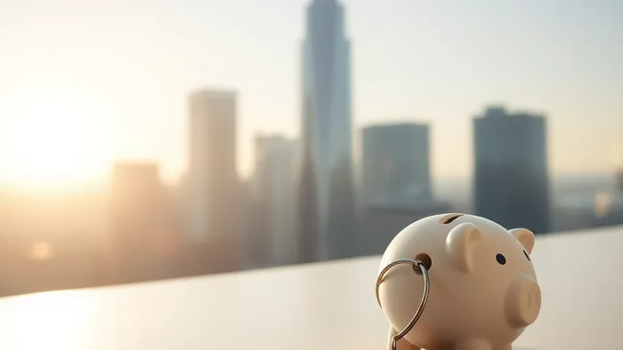 Символическое изображение пути от пустой копилки до ключей от квартиры на фоне городских высоток.