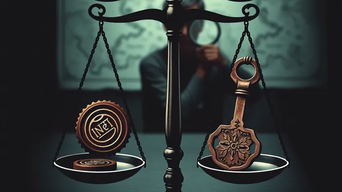 Символическое изображение в стиле карты Таро: весы правосудия, на одной чаше печать нотариуса, на другой — старинный ключ. Фон — человек с лупой изучает карту.