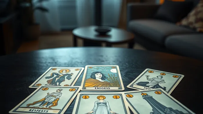 Расклад карт Таро на темном дереве: в центре карта Императрица, вокруг Рыцарь Кубков перевернутый, 2 Кубков и Башня. Освещение мягкое, драматичное.