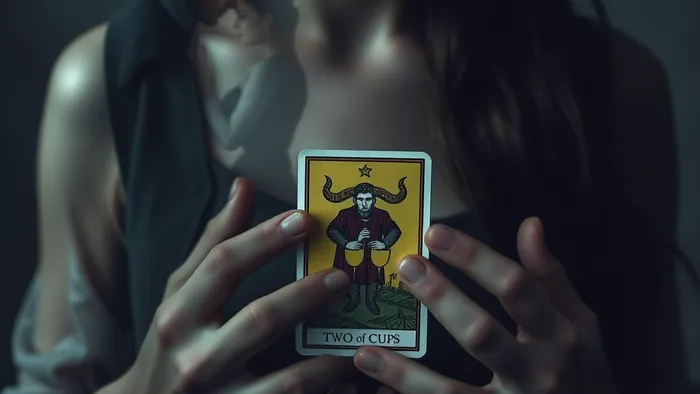Символическое изображение человека, держащего карту Таро на фоне полупрозрачных силуэтов, отражающее тему ревности и внутреннего конфликта в отношениях.
