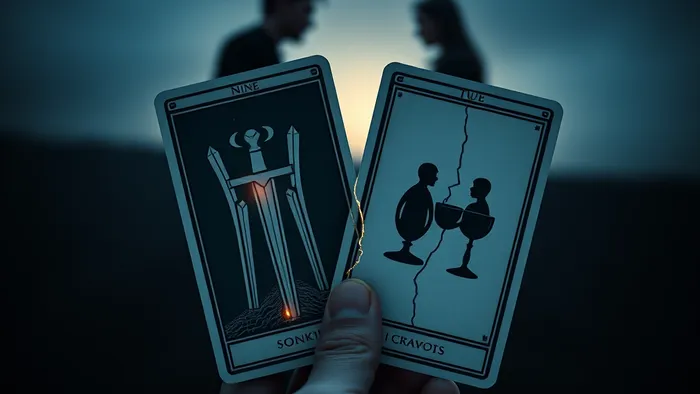 Символичное изображение: рука держит две карты Таро — Девятку Мечей и Двойку Кубков с трещиной. На фоне размытые силуэты, передающие тему ревности и сложных отношений.