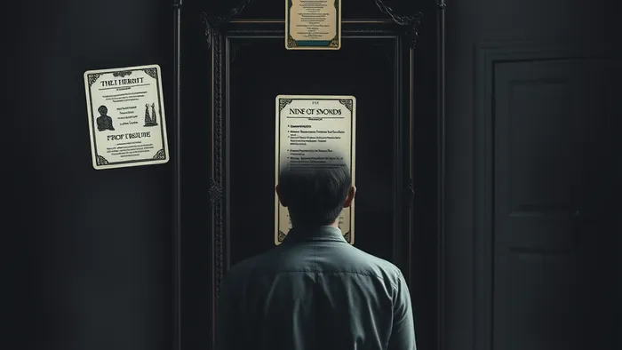 Символическое изображение человека перед зеркалом, в котором отражаются не его черты, а образы карт Таро (Отшельник, Девятка Мечей, Пятерка Пентаклей), символизирующие внутренние блоки в поиске работы.