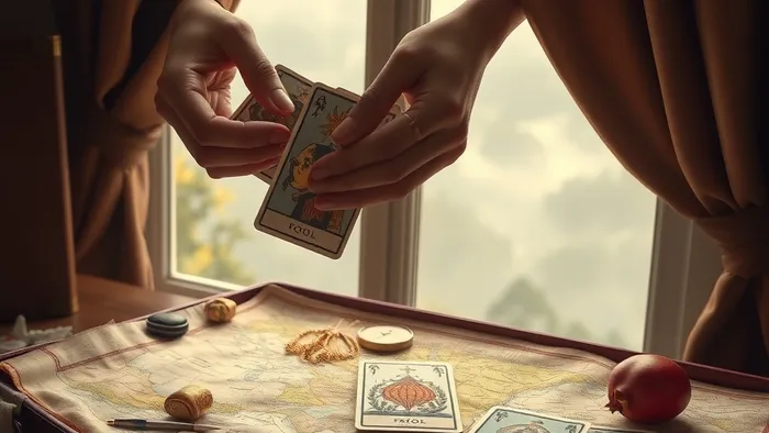 Руки перемешивают колоду Таро на старой карте рядом с открытым чемоданом, в котором лежат символы Старших Арканов. Создаётся атмосфера таинственного планирования путешествия.