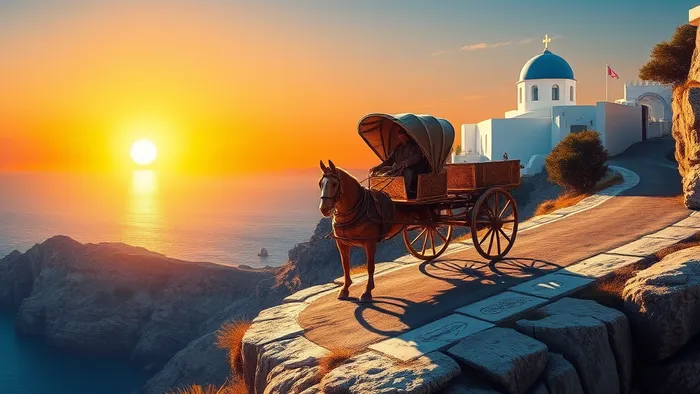 Аркан Колесница Таро, сливающийся с пейзажем греческого острова: символ путешествия и контроля на фоне белых домов, синего моря и закатного неба.