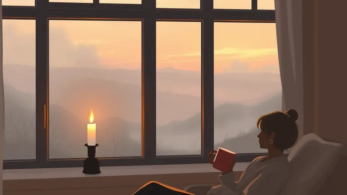 Современная практика аркана Отшельник: человек в уютном свитере сидит у окна на рассвете с чашкой чая, созерцая тихий утренний пейзаж. На подоконнике горит свеча — символ внутреннего света и поиска.