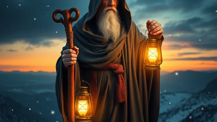 Мудрый старец-Отшельник в плаще с фонарем на заснеженной вершине горы в сумерках — визуализация IX Старшего Аркана Таро.