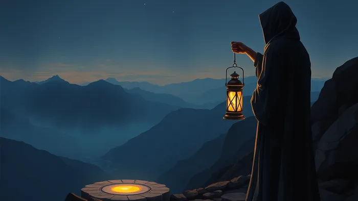 Символическое изображение архетипа Отшельника: фигура в плаще с фонарём на горной тропе в сумерках, свет освещает лишь несколько шагов вперёд.