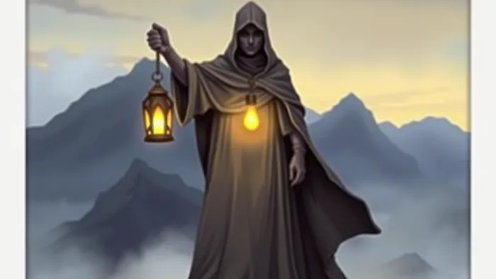 Стилизованное изображение Старшего Аркана Таро 'Отшельник' — фигура с фонарем в горах, символизирующая поиск внутренней истины.