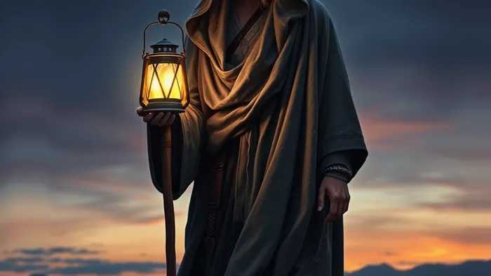 Мудрец-Отшельник в сером плаще с посохом и фонарём на горной вершине на фоне закатного неба — архетипическое изображение Девятого Старшего Аркана Таро.