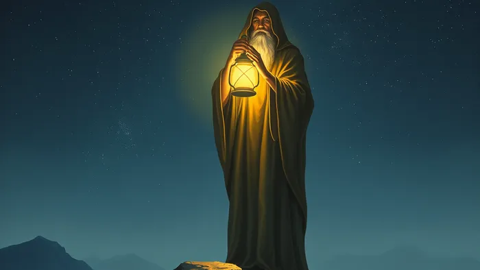 Карта Таро Отшельник (IX Аркан) — старик в сером плаще с посохом и фонарем стоит на заснеженной горной вершине под звездным небом.