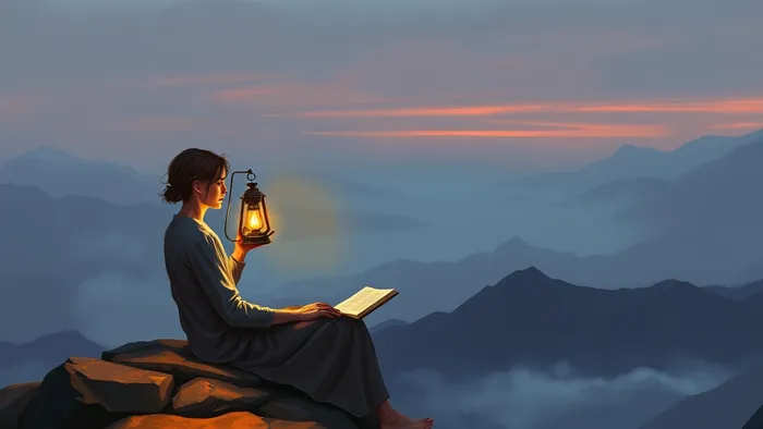 Современная интерпретация аркана Отшельник: человек в раздумьях на вершине, с фонарем и дневником, символизирующий поиск себя перед возвращением в мир отношений.