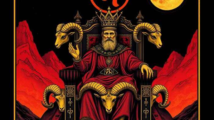 Символическое изображение аркана Император Таро в соединении с астрологическими символами знака Овен и планеты Марс.