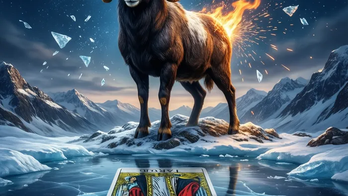 Символическое изображение Овна в январе: баран на снежной вершине, отражающий карту Император Таро в ледяной воде под звездным небом.