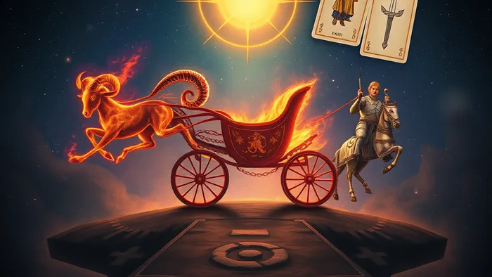 Символическое изображение энергии Овна в июне: Колесница Таро на перекрёстке путей под влиянием Солнца в Близнецах и карт Двойка Мечей и Рыцарь Жезлов.