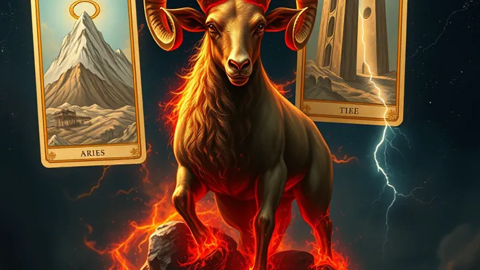 Символическое изображение знака Овен в виде огненного барана на фоне карт Таро Император и Башня в космическом пространстве.