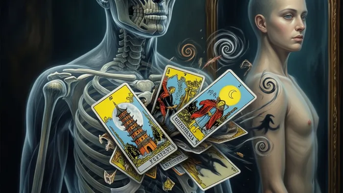 Арт: Человеческая фигура и вихрь из карт Таро, символизирующий высвобождение бессознательного содержания во время панической атаки.