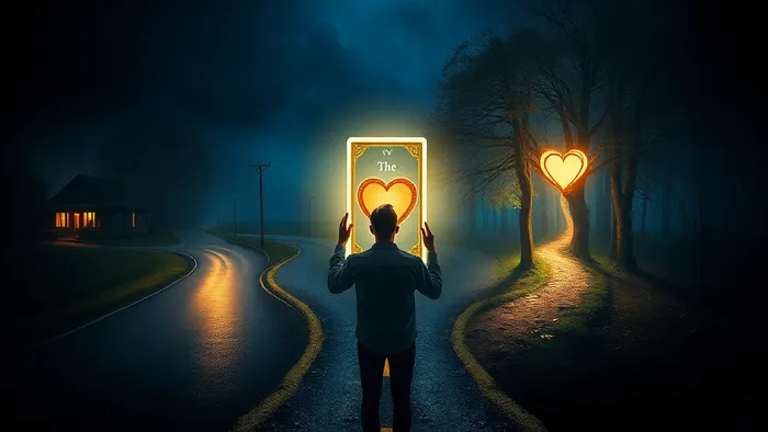 Символическое изображение человека на перекрестке в виде буквы Y с двумя путями: городским и лесным. В руках у человека светящаяся карта Таро Влюбленные.
