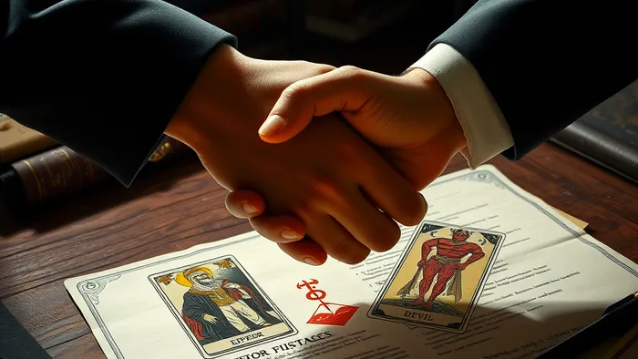 Символическое изображение рукопожатия партнеров над договором, сквозь которое просвечивают карты Таро Император и Дьявол, символизирующие анализ рисков сотрудничества.