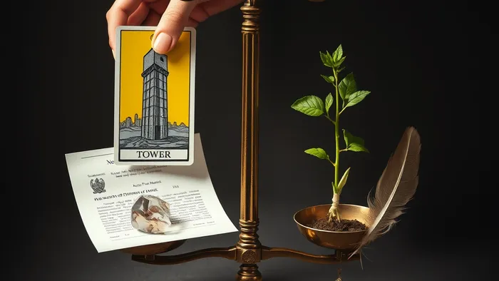 Символическое изображение выбора в деловом партнерстве: карта Таро Башня и Пентакль на весах, контракт и живое растение.