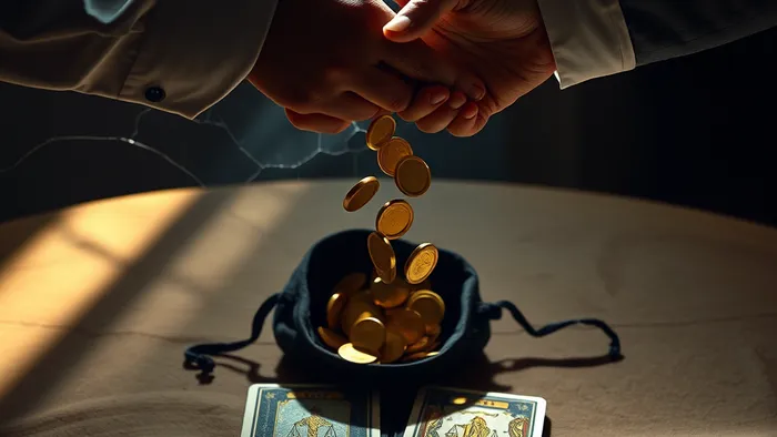 Символическая сцена: рукопожатие партнёров над прозрачным треснувшим столом, сквозь который видны падающие монеты. На столе лежат карты Таро, включая 7 Мечей. Драматическое освещение.