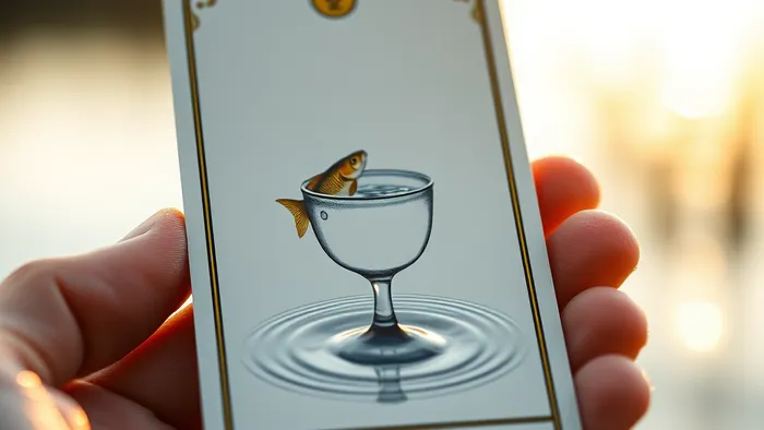 Макроснимок карты Таро Паж Кубков в руках на фоне озера. На карту падает капля воды, создавая круги. Свет мягкий, золотистый.