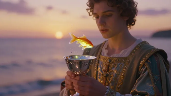 Карта Таро Паж Кубков: юноша с серебряной чашей, из которой выпрыгивает золотая рыбка на фоне закатного моря.