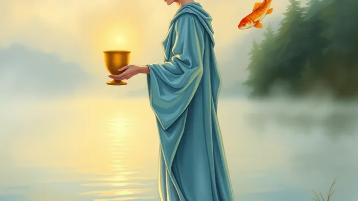 Символическое изображение Пажа Кубков в стиле акварельной иллюстрации: юный посланник у озера держит чашу, из которой выпрыгивает светящаяся рыба — знак новых идей и эмоций.