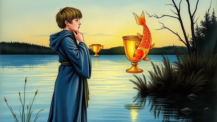 Художественное изображение карты Таро Паж Кубков: юноша в голубых одеждах на берегу озера держит чашу, из которой появляется сияющая рыба. Символика эмоций, интуиции и новых посланий.