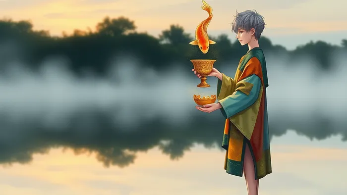 Символическое изображение Пажа Кубков Таро: андрогинная фигура в пёстрой одежде на берегу тихого пруда держит чашу, из которой выпрыгивает светящаяся рыба-кой. Небо отражается в воде, создавая атмосферу спокойного чуда.