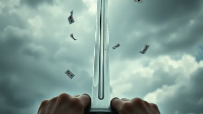 Метафорическое изображение энергии Пажа Мечей Таро: руки, удерживающие меч острием вверх на фоне динамичного неба, символизирующее баланс разума и контроль над мыслями.