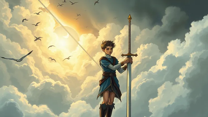 Иллюстрация карты Таро Паж Мечей: юная фигура с мечом на фоне ветреного неба и облаков.
