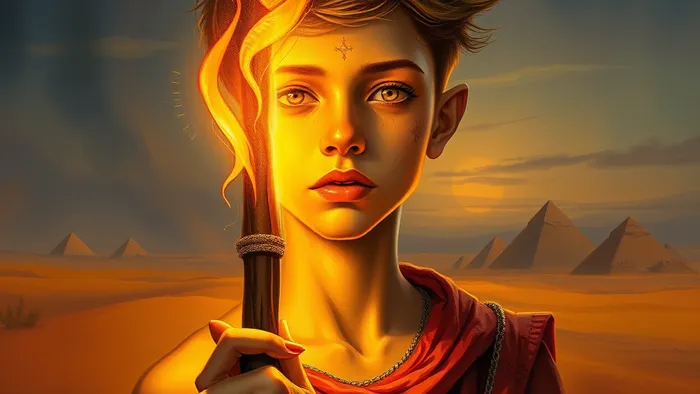 Символическое изображение аркана Паж Жезлов: юный вестник держит жезл, излучающий внутренний огонь, на фоне пустыни и пирамид.