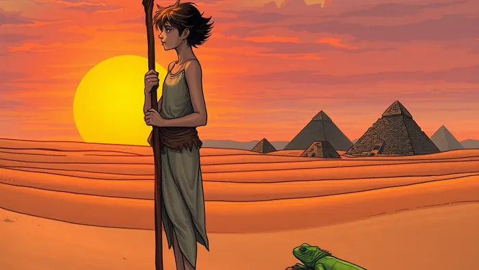 Иллюстрация карты Таро Паж Жезлов: вестник с жезлом в пустыне на рассвете, символы начала, идеи и предостережения.