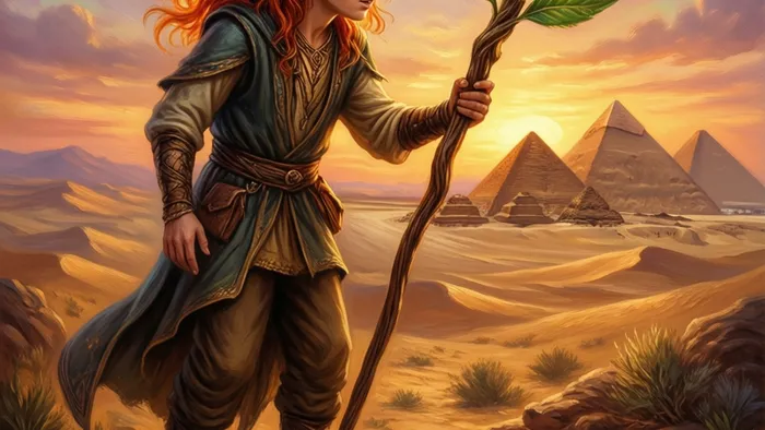 Иллюстрация карты Таро Паж Жезлов: юная фигура с посохом в пустыне на рассвете, символ новых начинаний и творческой искры