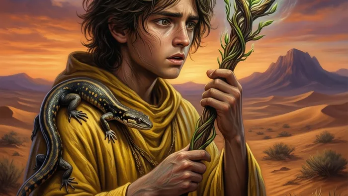 Детализированное изображение карты Таро Паж Жезлов: юная фигура в пустыне на фоне заката держит жезл с ростками, на одежде саламандры.