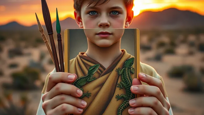 Крупный план карты Таро Паж Жезлов из колоды Райдера-Уэйта на фоне пустыни на закате.