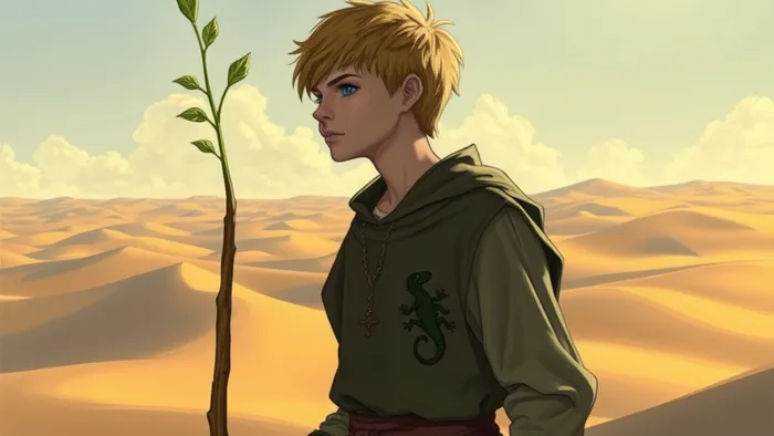 Иллюстрация карты Таро Паж Жезлов: молодой посланник в пустыне держит жезл с зелеными листьями, символизирующий новое начало и творческую искру.